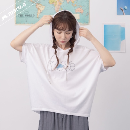 【maru.a】愛的告白💕字母虛線刺繡寬鬆連袖帽T(3色)-白色 24911223