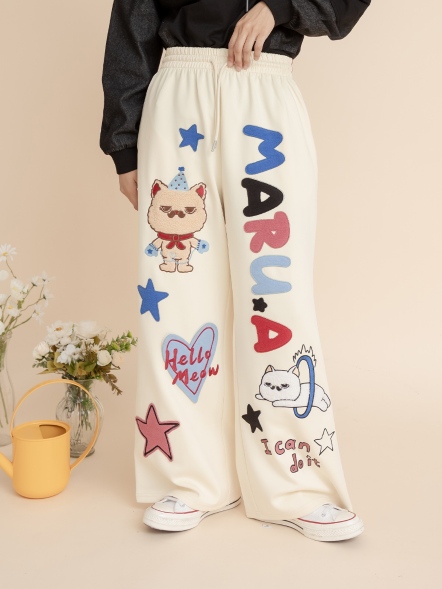 馬魯貓童趣電繡圖寬褲