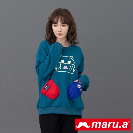 【maru.a】主動出擊💓miru刺繡特殊配色毛帽口袋造型棉T(3色)-藍綠色 23921238