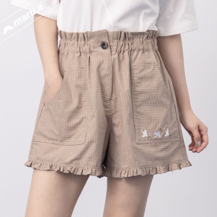 【maru.a】海鷗傳情💌手繪可愛刺繡甜美荷葉邊格紋短褲(2色)-駝色 24915111