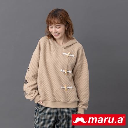 【maru.a】日系氣質女孩💐牛角扣造型連帽鬆餅格上衣(3色)-卡其 2321235