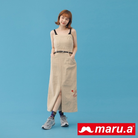 【maru.a】氣質小姐姐🌹口袋造型開衩皮帶吊帶長洋(2色)-卡其 23347113