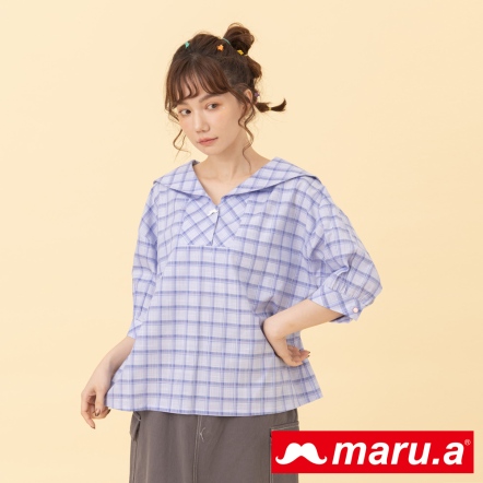 【maru.a】翻滾吧miru😺質感日本格紋面料水手領小蓬袖上衣(2色)-淺藍 24323111