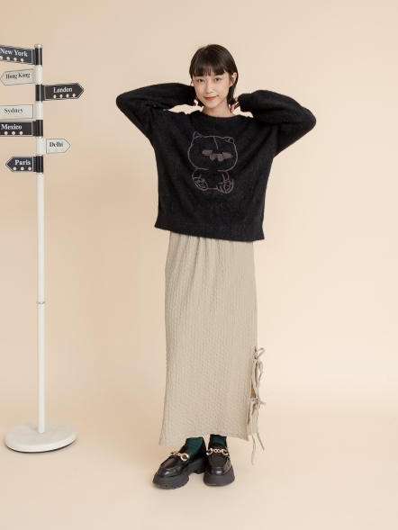 立體織紋側綁帶開衩長裙