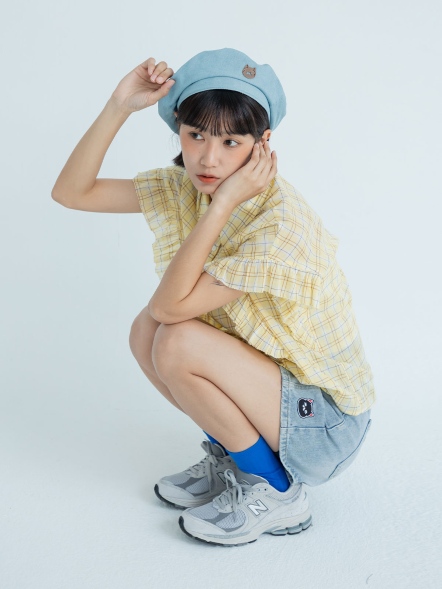 格紋透膚荷葉袖襯衫