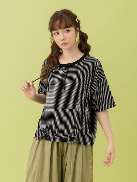 【maru.a】🎇夏日祭典🎇貪吃miru條紋下縮口造型上衣 (2色)-黑色25321242