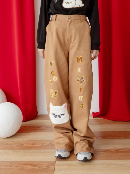 大貓童趣電繡圖寬褲