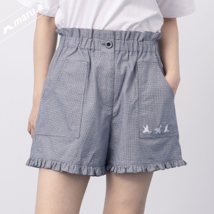 【maru.a】海鷗傳情💌手繪可愛刺繡甜美荷葉邊格紋短褲(2色)-深藍 24915111