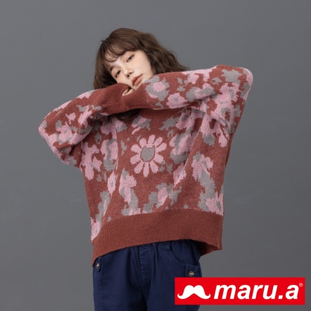 【maru.a】復古小花兒🌸撞色馬海毛前短後長造型羊毛衫(2色)-紅色 23914220