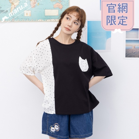 【maru.a】官網限定-滿版字母半邊拼接貓頭口袋造型落肩上衣⚡(1色)-黑色 24971215