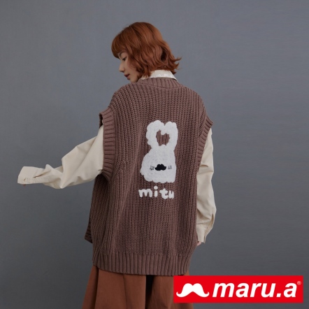 【maru.a】mitu愛心發射💗QQ刺繡假兩件層次長版粗針織背心(3色)-咖啡 23914111