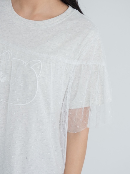 輕透網紗拼接貓頭電繡上衣