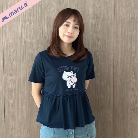 【maru.a】愛的抱抱💞可愛印花荷葉邊娃娃上衣(2色)-深藍 25321228