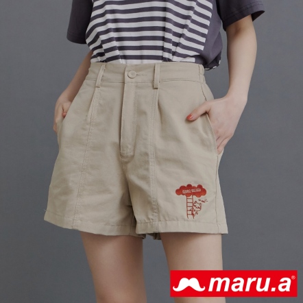 【maru.a】哈囉miru~🖐手繪撞色刺繡莫蘭迪色系短褲(3色)-卡其 23945113