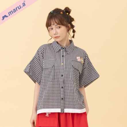 【maru.a】少女蓬袖格紋/素面抽繩拼接造型襯衫👒(2色)-黑色 24313114