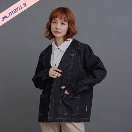 【maru.a】微正式感車線配色西裝式丹寧外套👜(2色)-黑色 23922512