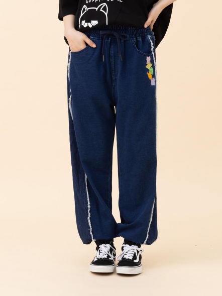 貓兔刺繡丹寧鬆緊休閒褲