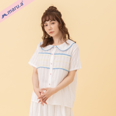 【maru.a】小花氣質款🌸線條刺繡花邊翻領襯衫(2色)-白色 24333112