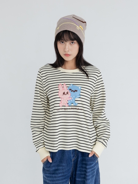 條紋兔兔貓咪刺繡上衣