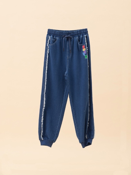 貓兔刺繡丹寧鬆緊休閒褲