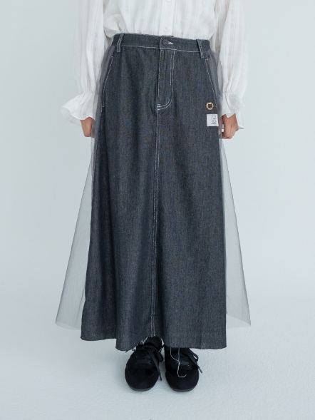 網紗拼接立體貓頭口袋長裙