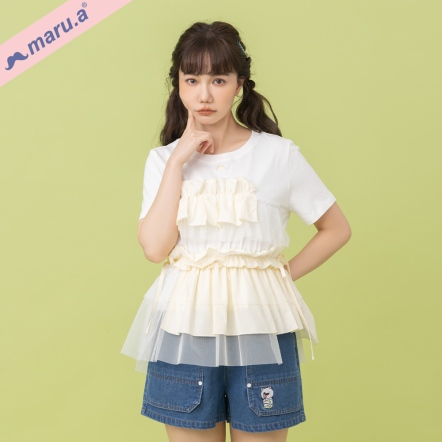【maru.a】🩰芭蕾舞風優雅感網紗拼接縮腰綁結上衣(2色)-白色 25323112