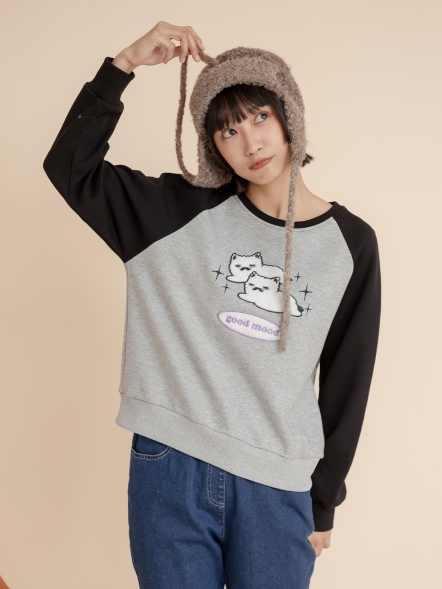 絨感印花拉克蘭袖上衣