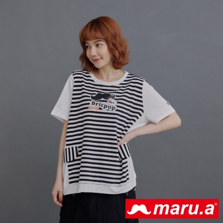 【maru.a】英式搖滾miru🎸條紋拼接造型口袋上衣(2色)-黑色 23931214