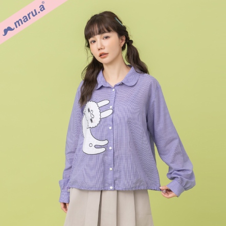 【maru.a】miru伸懶腰 (◉ω◉)可愛貼布繡花細格紋排釦襯衫(2色)-淺紫 25323114