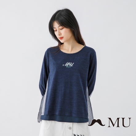 【MU】LOGO刺繡拼接長袖上衣(2色)21313101
