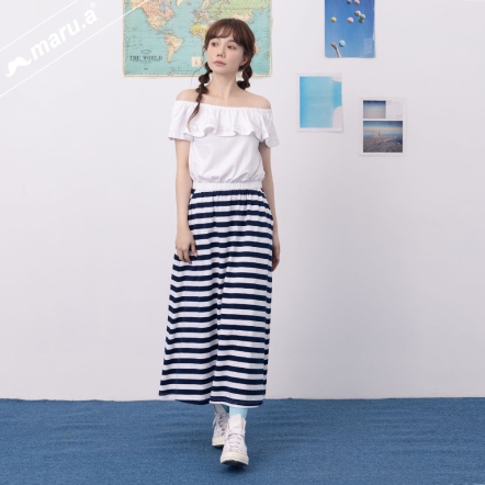 【maru.a】海洋度假風荷葉邊鏤空刺繡一字領洋裝💙(2色)-白色 24917113