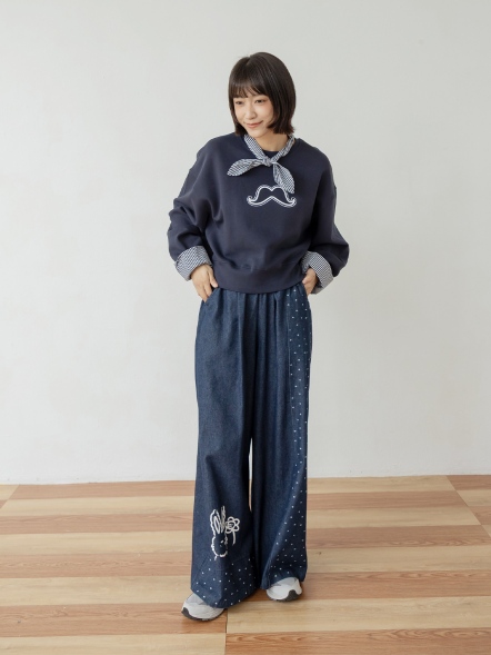 春日小花與兔子膠印寬褲