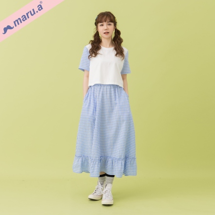 【maru.a】蘇打汽水🫧日系手繪風印花格紋拼接感荷葉邊長洋(2色)-深藍 25327111