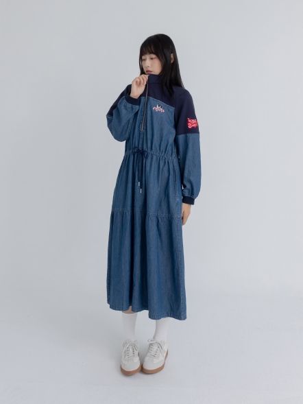 拼接半開收腰連身裙