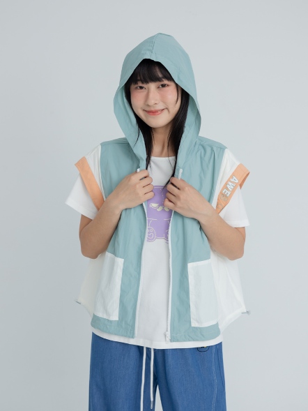 撞色大口袋連帽背心外套