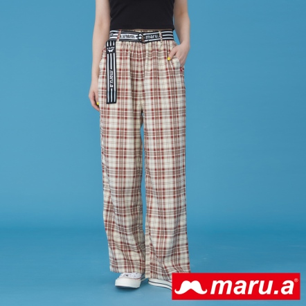 【maru.a】慵懶個性附造型腰帶蘇格蘭紋寬褲😎(2色)-紅色 23315219