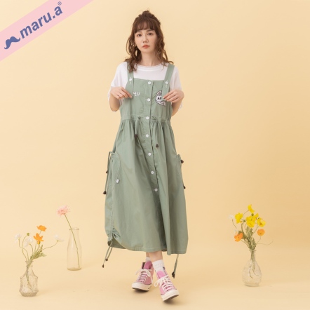 【maru.a】mitu耍可愛🎈手繪刺繡抽繩造型貓咪口袋排釦吊帶洋(2色)-淺綠 24326211