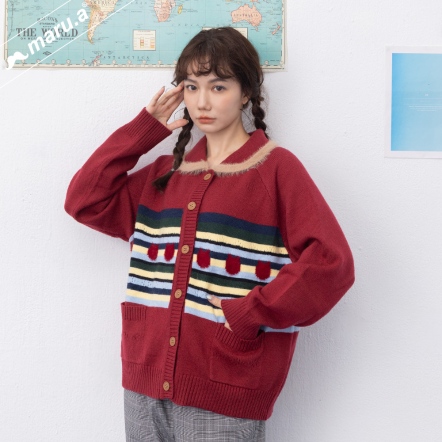 【maru.a】小翻領貓咪緹花簍空造型羊毛北極絨老奶奶毛衣🧶(3色)-紅色 24914112