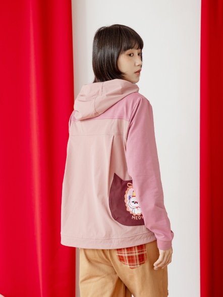 重工貓頭立體口袋拼接鬍子刺繡連帽上衣