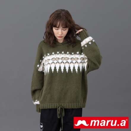 【maru.a】鹿毛海絨綁結造型費爾島連帽軟糯毛衣❄(3色)-深綠 23914219