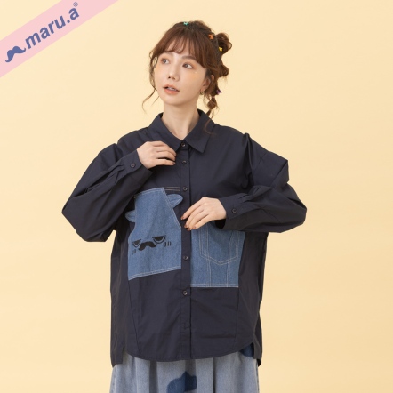 【maru.a】嬌羞miru💕造型丹寧口袋拼接襯衫(2色)-深藍 24313211