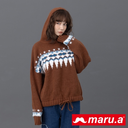 【maru.a】鹿毛海絨綁結造型費爾島連帽軟糯毛衣❄(3色)-咖啡 23914219