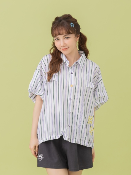 【maru.a】可愛miru撞色刺繡直條襯衫(2色)-深紫25313121