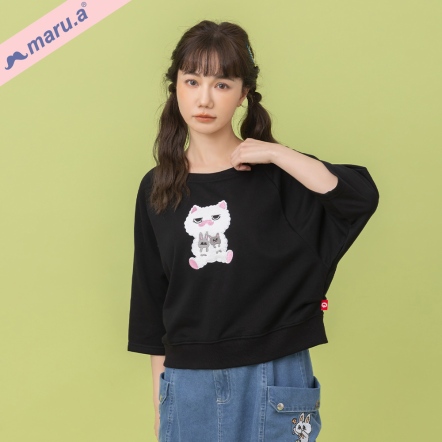 【maru.a】愛的抱抱💕可愛miru貼布電繡拉克蘭袖上衣(2色)-黑色 25311215