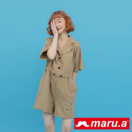 【maru.a】開心miru😸手繪撞色刺繡襯衫連身短褲(4色)-咖啡 23347111
