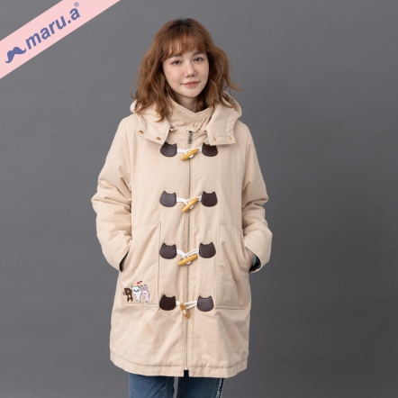 【maru.a】美拉德色系✨棕色小熊牛角釦手繪刺繡鋪棉連帽大衣(2色)-卡其 23922212