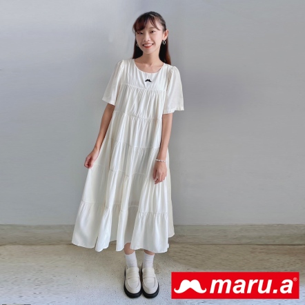 【maru.a】清甜女孩☘氣質後挖空綁帶蛋糕雪紡長洋(2色)-米白 23947116
