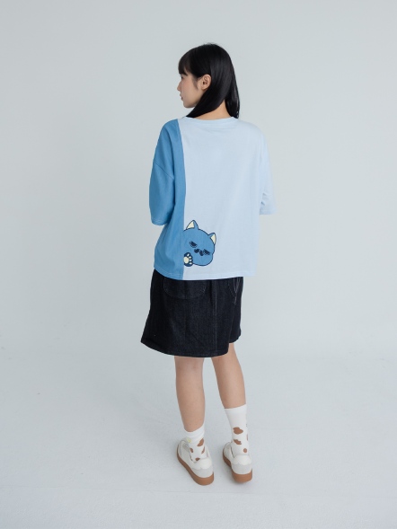 撞色貓影異材拼接上衣