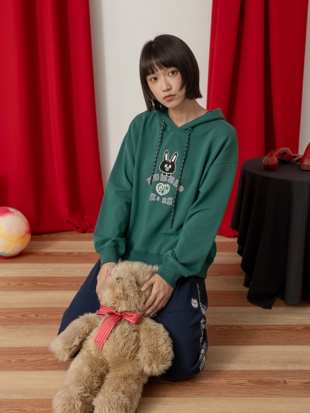 配色連帽繩免子印花上衣