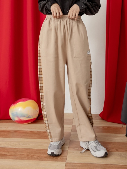 貓耳布異材質拼接格紋長褲